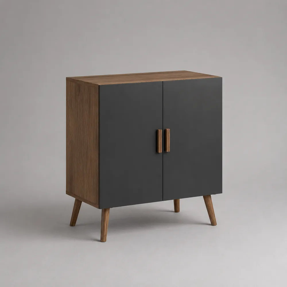 Credenza rettangolare 2 ante in MDF nero effetto noce marrone con gambe in legno 120 x 40 x 85 cm