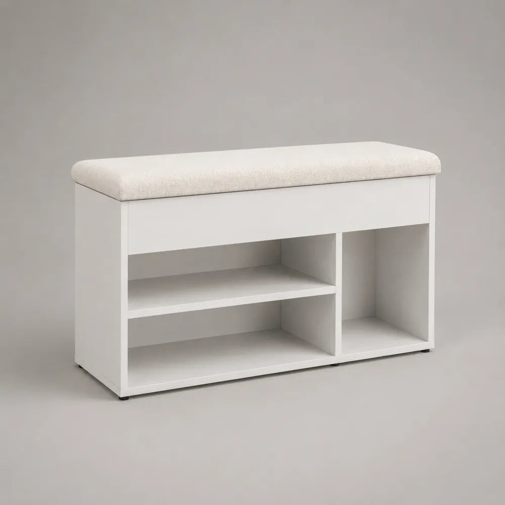 Panca scarpiera ingresso in MDF bianco con seduta imbottita e vani porta scarpe aperti 100x35x45 cm
