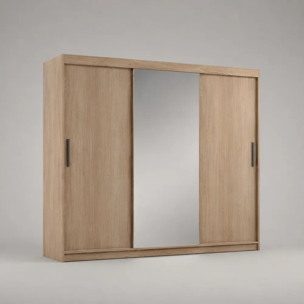 Armadio scorrevole con specchio centrale in MDF effetto rovere naturale beige 250 x 60 x 220 cm