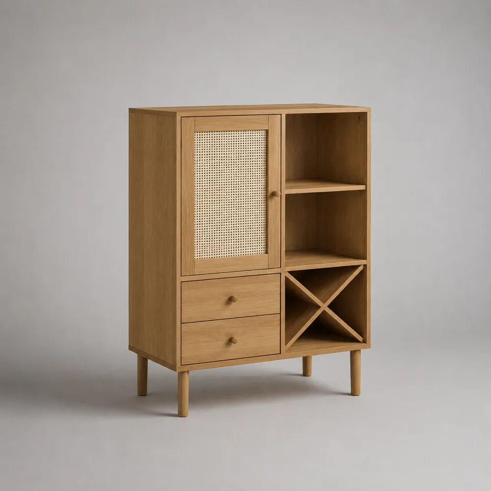 Credenza da sala da pranzo rettangolare in MDF effetto rovere naturale con anta intrecciata 2 cassetti e ripiani aperti 100 x 40 x 120 cm