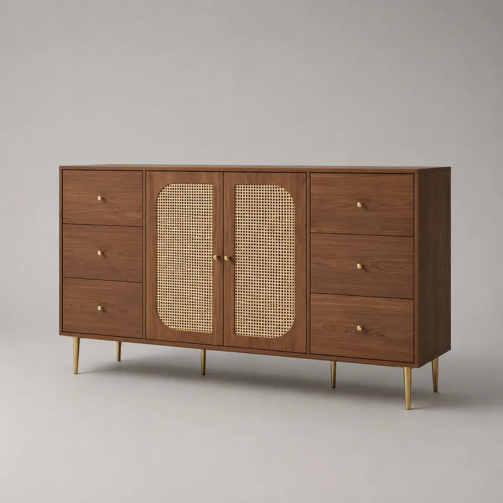 Credenza rettangolare in MDF effetto noce con 6 cassetti e 2 ante con inserti intrecciati 200 x 40 x 85 cm
