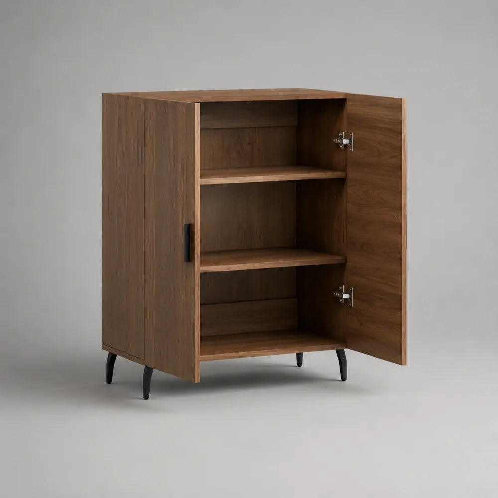 Credenza da sala da pranzo rettangolare in MDF effetto noce con 2 ante e ripiani interni gambe in metallo nero 100 x 40 x 120 cm