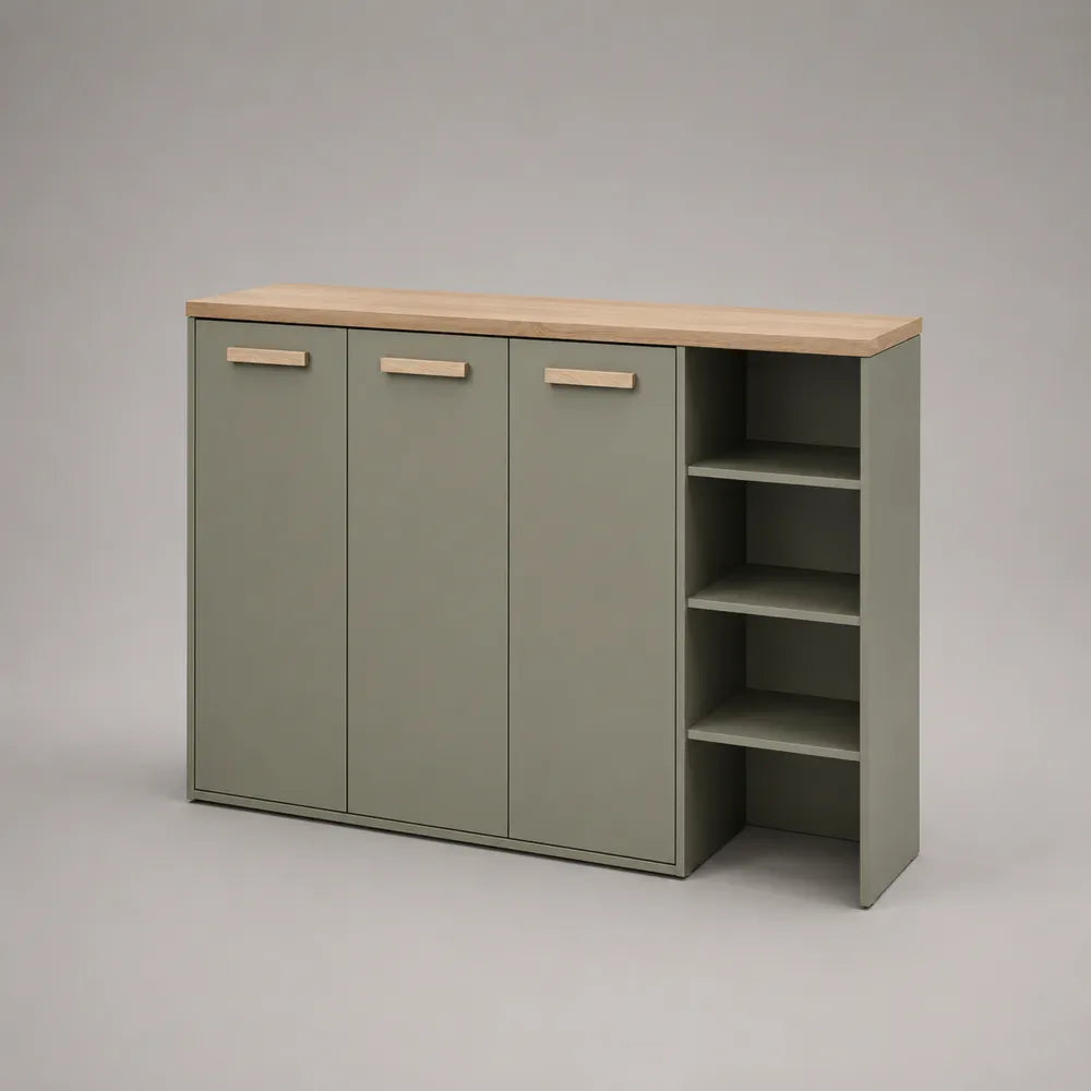 Scarpiera in MDF verde salvia con 3 ante e ripiani laterali effetto rovere chiaro 120x35x90 cm