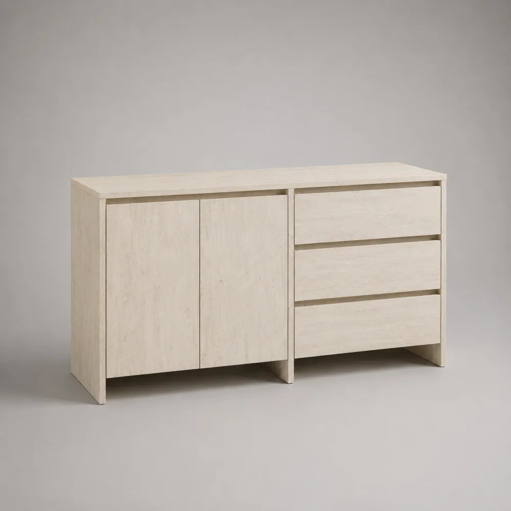 Credenza rettangolare con 2 ante e 3 cassetti in MDF effetto travertino beige 160 x 40 x 80 cm