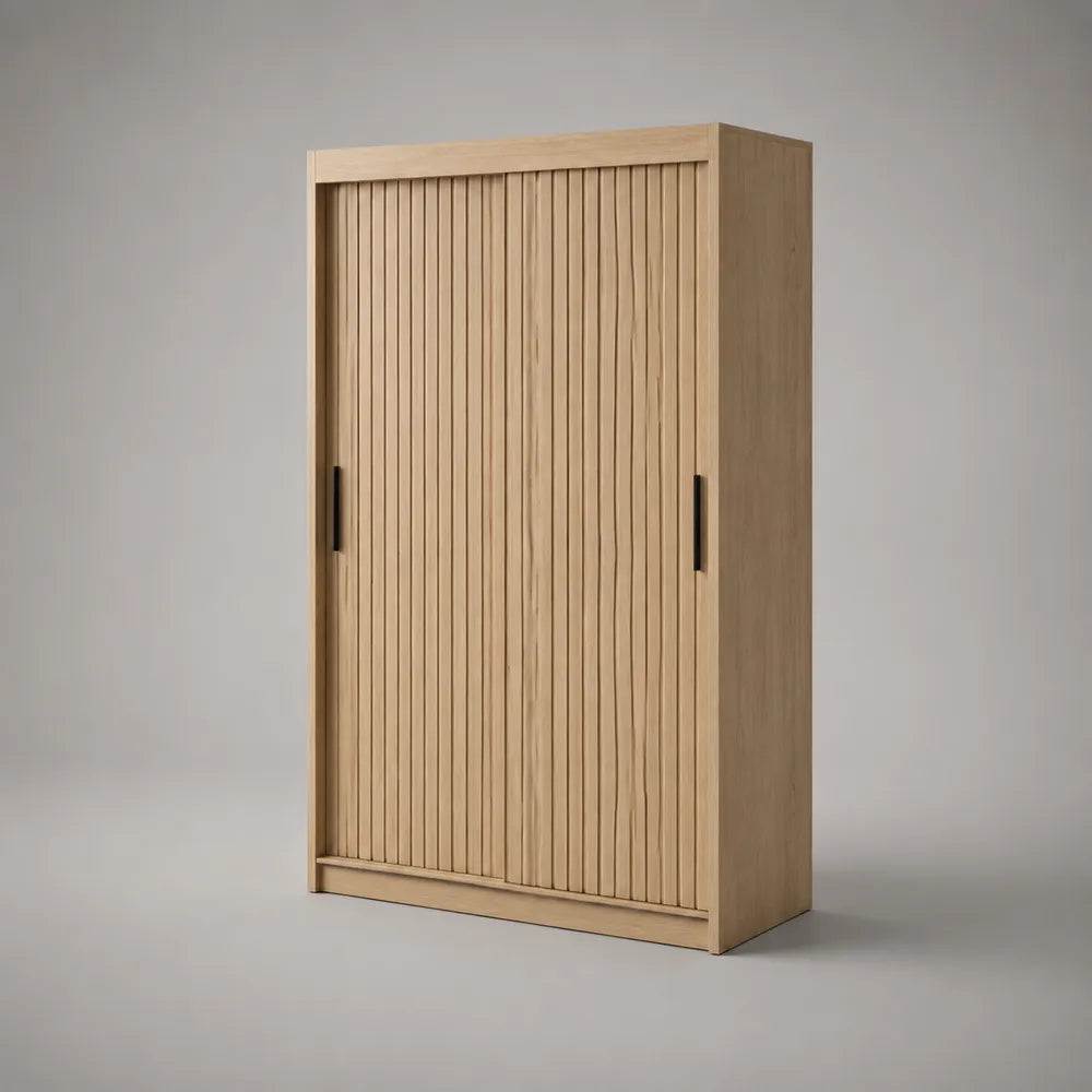 Armadio guardaroba a 2 ante scorrevoli in MDF effetto rovere naturale con doghe verticali 120x60x200 cm