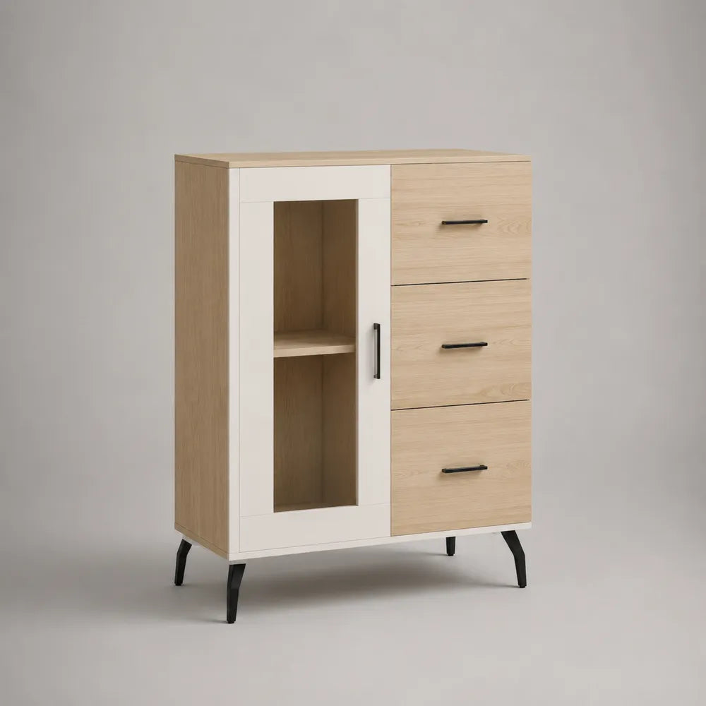 Credenza rettangolare in MDF effetto rovere e bianco con anta in vetro e 3 cassetti 120 x 40 x 120 cm