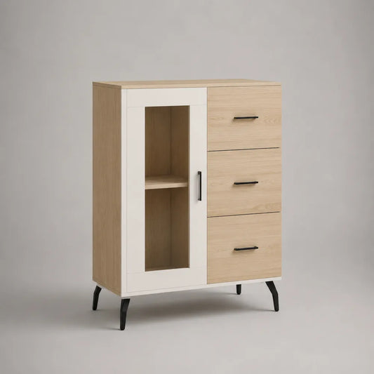Credenza rettangolare in MDF effetto rovere e bianco con anta in vetro e 3 cassetti 120 x 40 x 120 cm