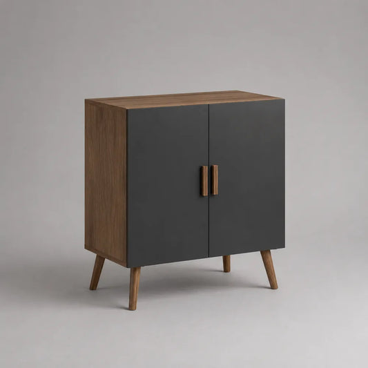 Credenza rettangolare 2 ante in MDF nero effetto noce marrone con gambe in legno 120 x 40 x 85 cm