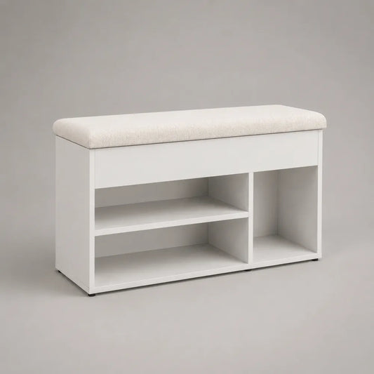 Panca scarpiera ingresso in MDF bianco con seduta imbottita e vani porta scarpe aperti 100x35x45 cm
