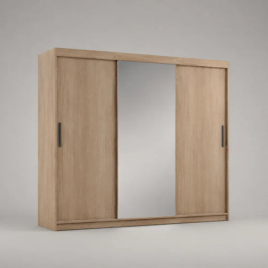 Armadio scorrevole con specchio centrale in MDF effetto rovere naturale beige 250 x 60 x 220 cm