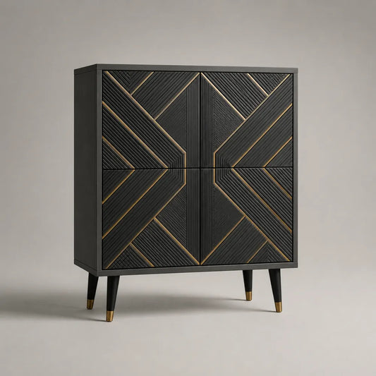 Credenza da sala da pranzo rettangolare in MDF nero con 2 ante decorative dettagli oro 120 x 40 x 120 cm