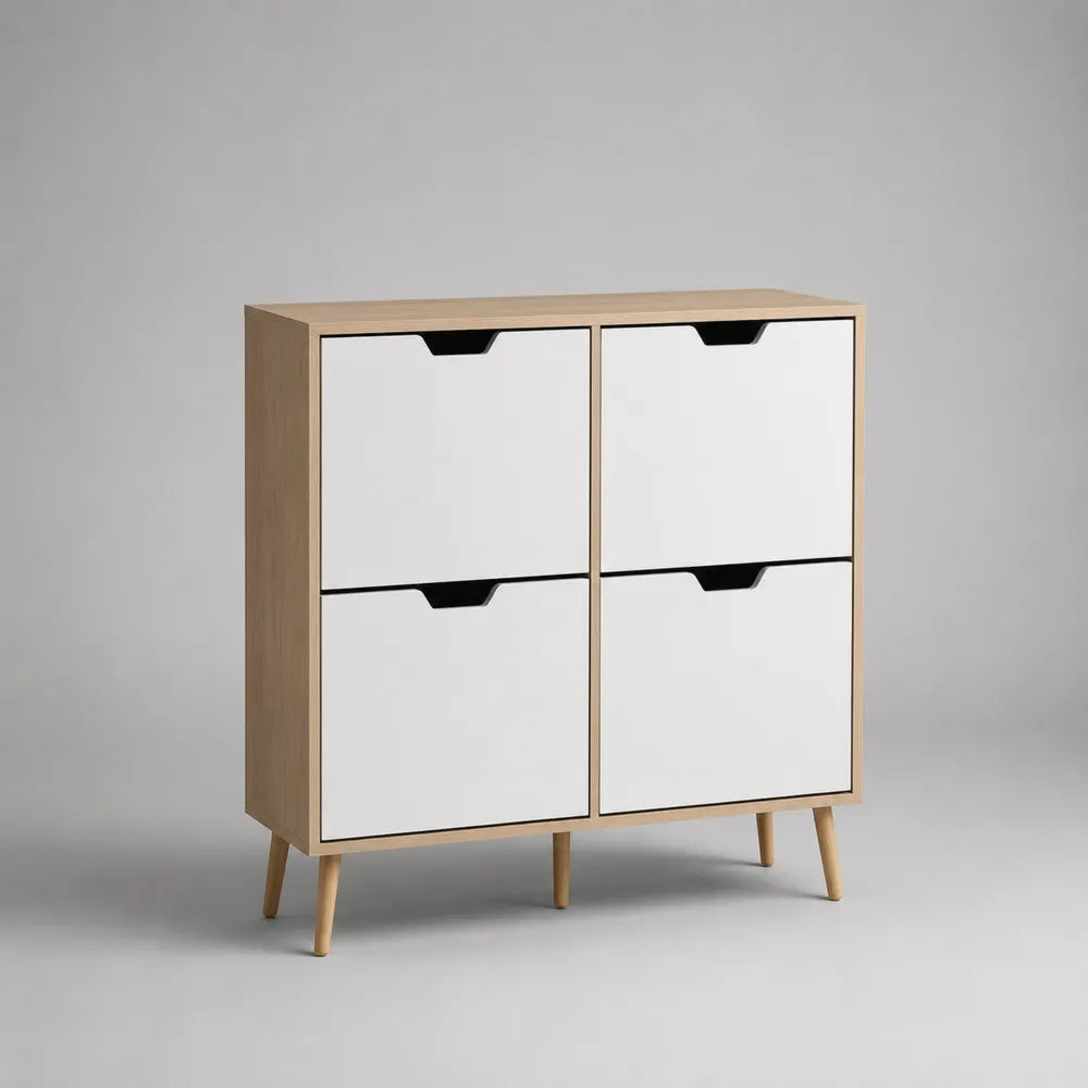 Scarpiera rettangolare 100x35x100 cm in MDF effetto rovere con ante bianche e gambe in legno