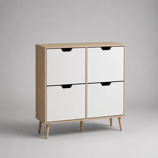 Scarpiera rettangolare 100x35x100 cm in MDF effetto rovere con ante bianche e gambe in legno