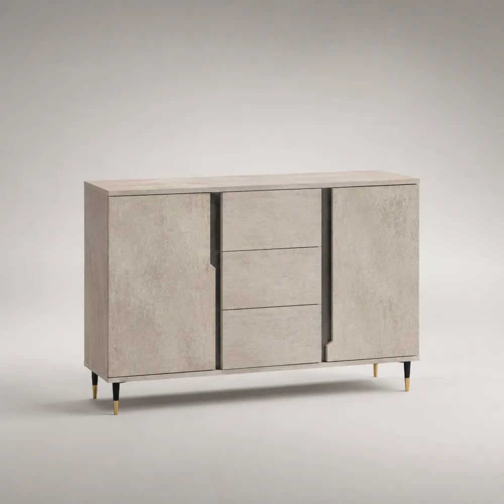 Credenza rettangolare con 2 ante e 3 cassetti in MDF effetto cemento grigio con gambe in acciaio 180 x 40 x 80 cm