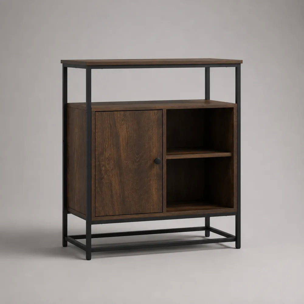 Credenza con anta ripiani aperti e struttura in acciaio nero MDF effetto legno marrone 120x40x140 cm