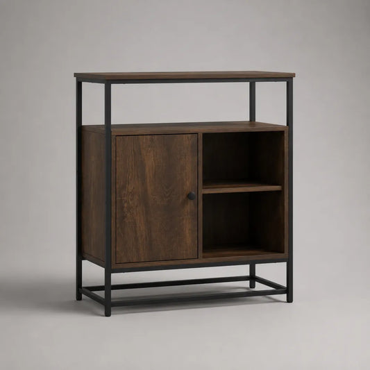 Credenza con anta ripiani aperti e struttura in acciaio nero MDF effetto legno marrone 120x40x140 cm