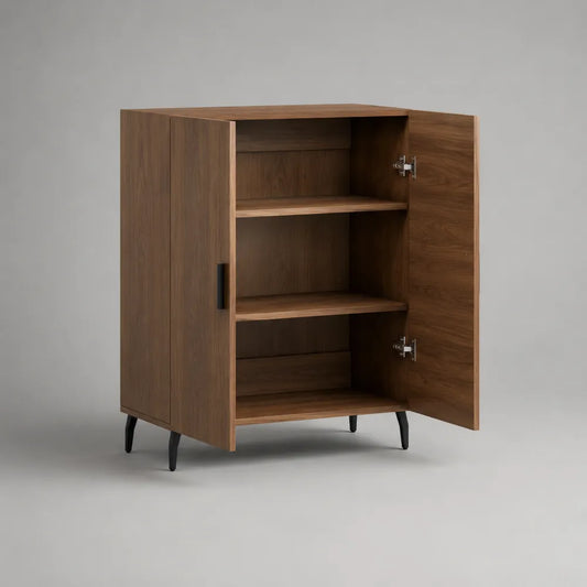 Credenza da sala da pranzo rettangolare in MDF effetto noce con 2 ante e ripiani interni gambe in metallo nero 100 x 40 x 120 cm