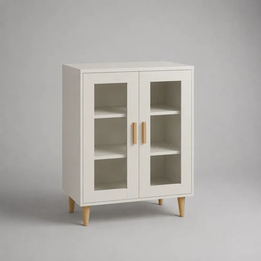 Vetrina rettangolare in MDF bianco con 2 ante in vetro e gambe in legno 100 x 40 x 120 cm