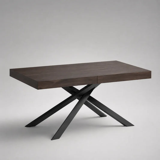 Tavolo da pranzo rettangolare 180x90x75 cm in MDF effetto legno scuro con base in acciaio nero