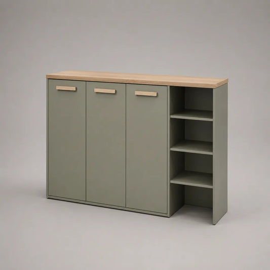 Scarpiera in MDF verde salvia con 3 ante e ripiani laterali effetto rovere chiaro 120x35x90 cm