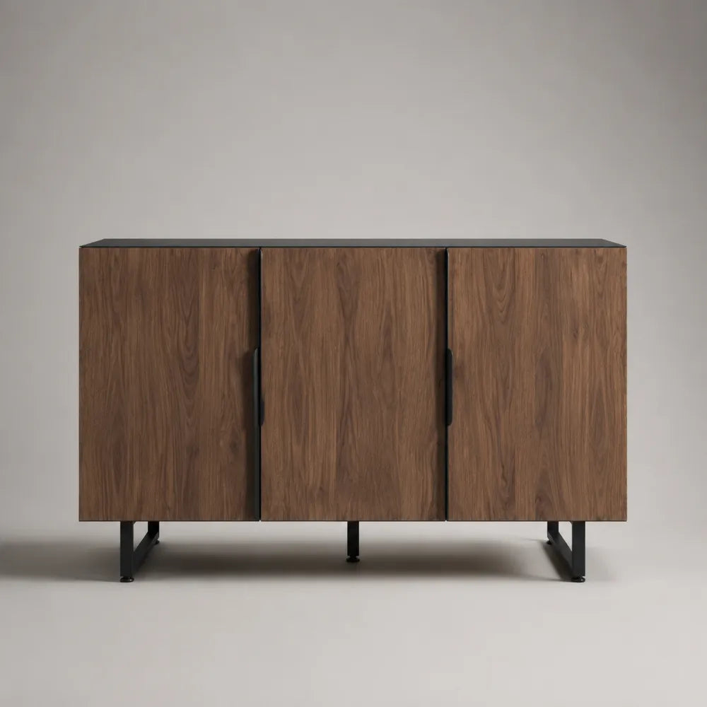 Credenza rettangolare con 3 ante in MDF effetto noce marrone con gambe in acciaio nero 180 x 45 x 80 cm