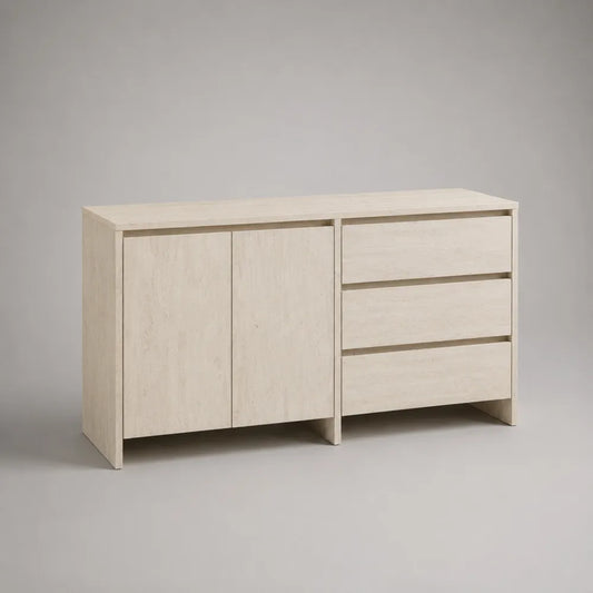 Credenza rettangolare con 2 ante e 3 cassetti in MDF effetto travertino beige 160 x 40 x 80 cm