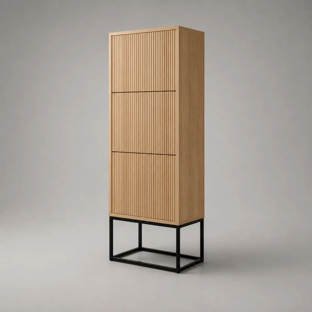 Scarpiera alta rettangolare in MDF effetto rovere con ante a ribalta e base in acciaio nero 80 x 35 x 160 cm